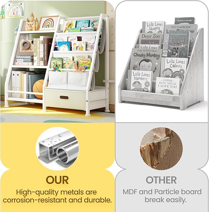 Kids Bookshelf and Toy Storage Organizer: White Book Shelf for Kids Room with Drawer to Storage Books and Toys Organizer - 3 Tire Toddler Bookshelf with 3 Side Pockets for Nursery, Bedroom, Playroom