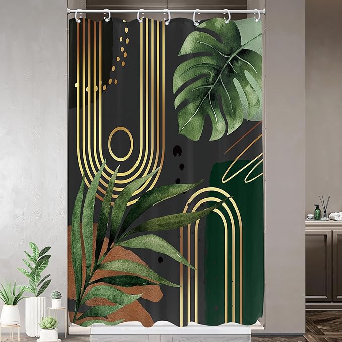 Glawry Dark Green Gold Boho Mid Century Shower Curtain Small Stall RV Narrow Abstract Minimalist Geometric Modern Leaf Bathroom Simple 48Wx72L Inches Bath Accessories Art Home Decor Fabric 8 Pack Hook
