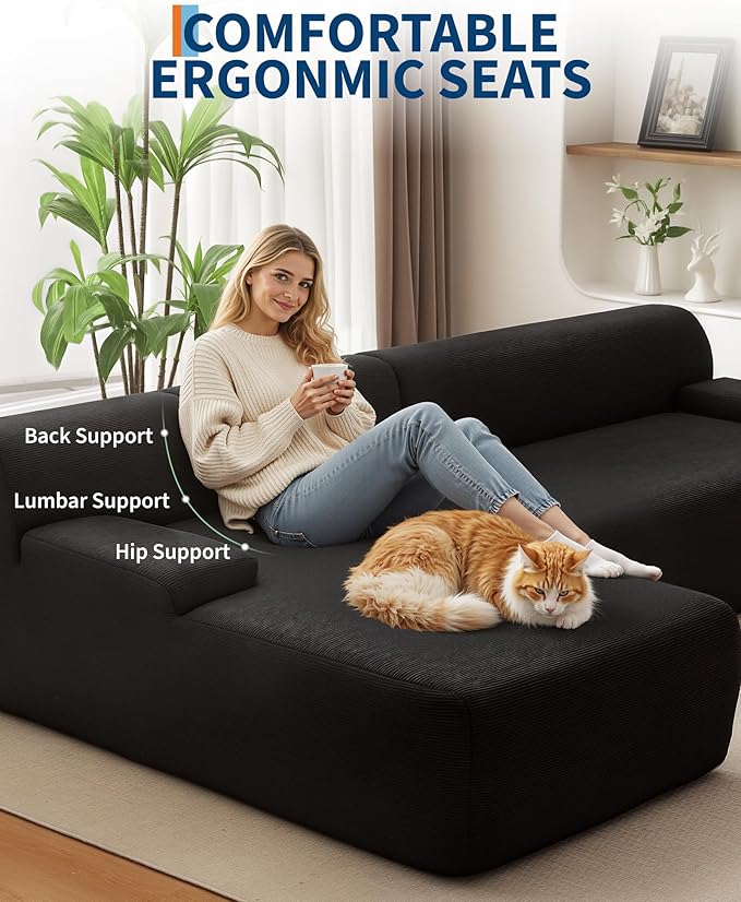 108" Cloud Sectional Couch with Chaise - Super Fluffy Boneless Sofa, Ultra Soft Corduroy L Shaped Couch Bed, Creates Cozy Atmosphere. Perfect Comfy Couches for Living Room, No Assembly Required, Black