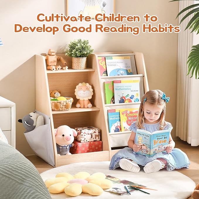 3 Tier Kids Wooden Bookshelf with Extra Pocket, Baby Toddler Bookshelf and Toy Storage Organizer with Three Layer Sling Bookcase for Kids Room Playroom Nursery Classroom