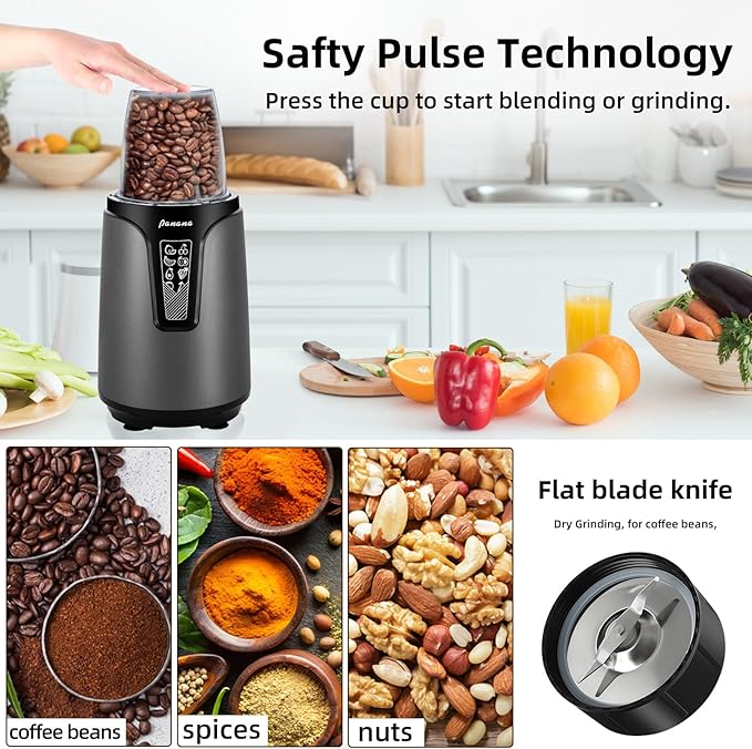 Panana Blender for Smoothies, 850W Portable Personal Blender and Grinder Combo with 2x20oz Portable Smoothie Cups with To-Go Lids 6.8oz Coffee Cup,Stainless Steel