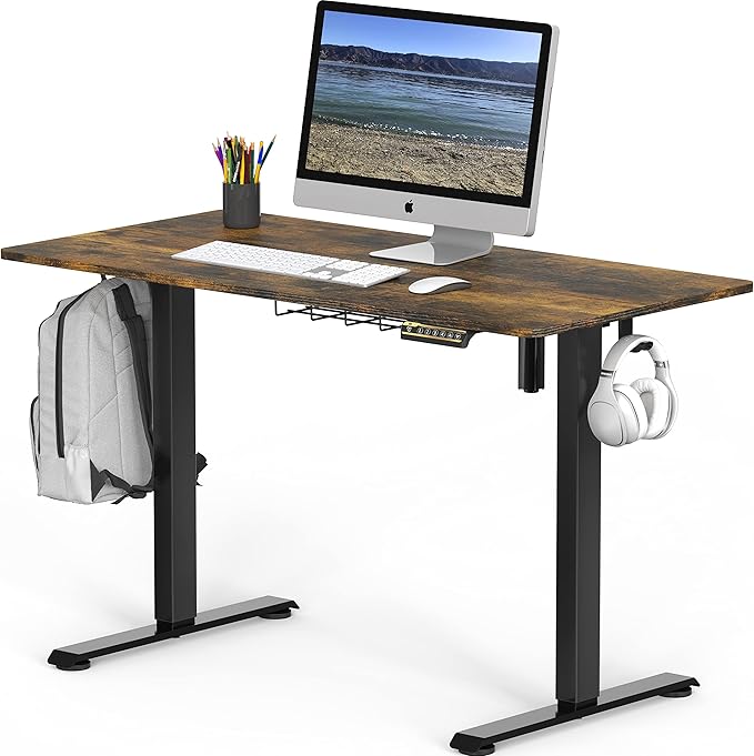 SHW 40 x 22 Inches Electric Height Adjustable Sit to Stand Desk with Hanging Hooks and Cable Management, Black Frame and Rustic Brown Top