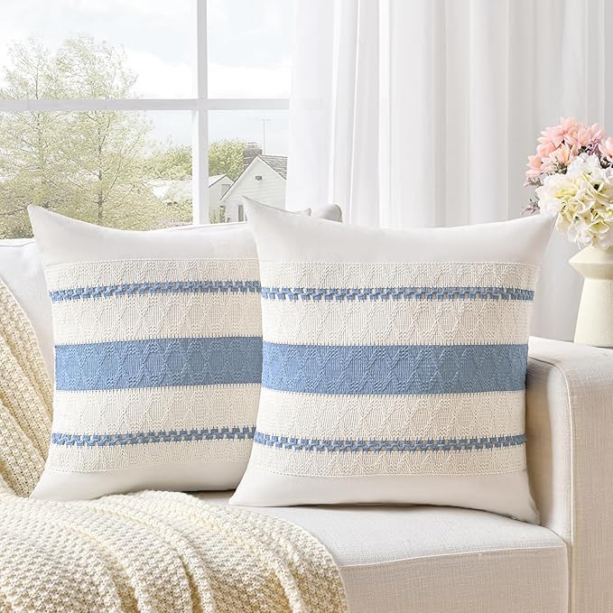 Fancy Homi Set of 2 Boho Light Blue Decorative Throw Pillow Cover 18x18 Inch for Couch Bed Sofa, Aesthetic Modern Organic Farmhouse Home Decor, Soft Cotton Cute Accent Macrame Woven Cushion Case