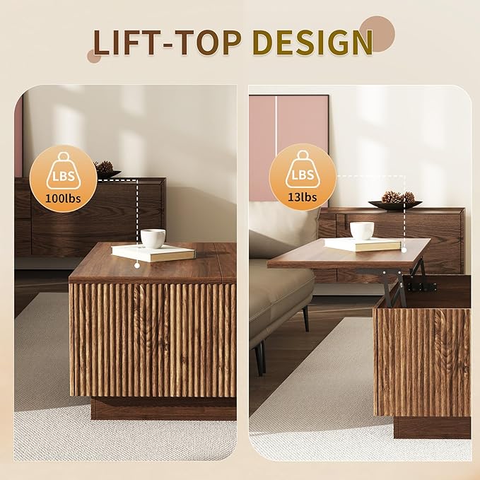 31" Lift Top Coffee Table with Hidden Storage, Farmhouse Square Wood Center Table with Fluted Design for Living Room, Apartment, Small Spaces, Brown Walnut