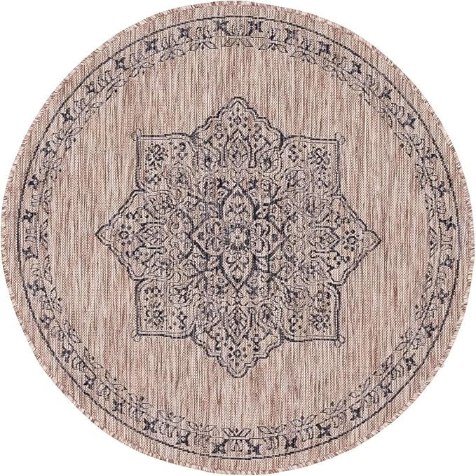 Unique Loom Outdoor Traditional Collection Area Rug - Antique (4' 1" Round, Beige/ Black)