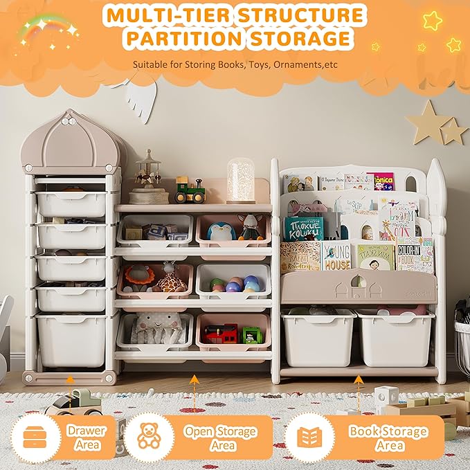Kids Toy Storage Organizer with 13 Removable Bins, 4-Tier Bookshelf for Kids, Multi-Purpose Castle-Shaped Toy Organizer for Playroom, Bedroom, Nursery, Living Room (Cream)