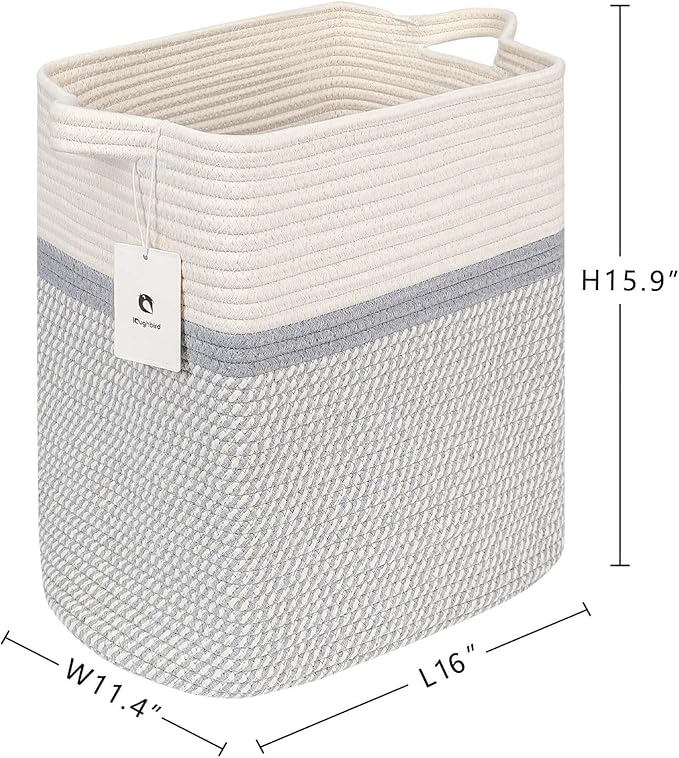 Storage Baskets for Clothes Fabric Cotton Rope Storage Basket with Handles, Decorative Woven Basket for Living Room,Closet Organizer Blankets, and 2bags (White/Gray, L16×W11.4×H15.9)