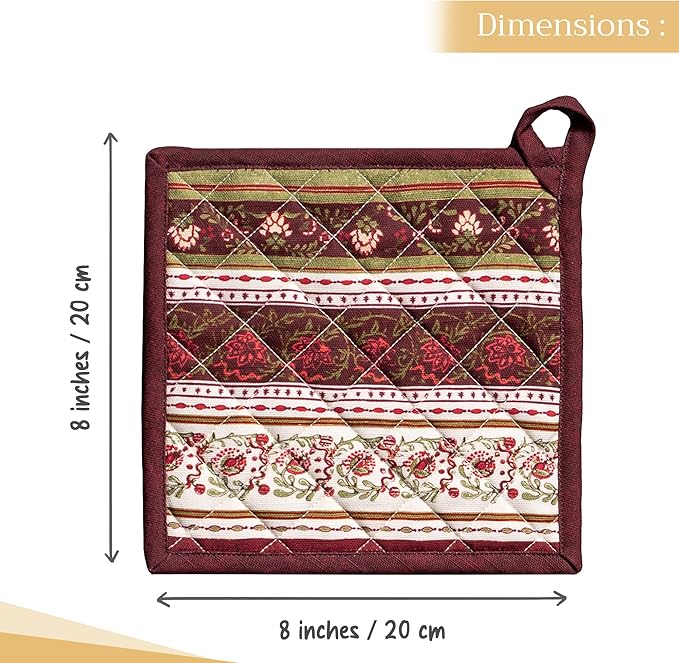 Maison d' Hermine Pot Holders Set 100% Cotton Heat Resistant Potholders 8" x 8" Hot Pads with Loop for Thanksgiving Christmas Decorations Baking Handling Hot Pans (Pack of 2, Reveillon Au Jardin)