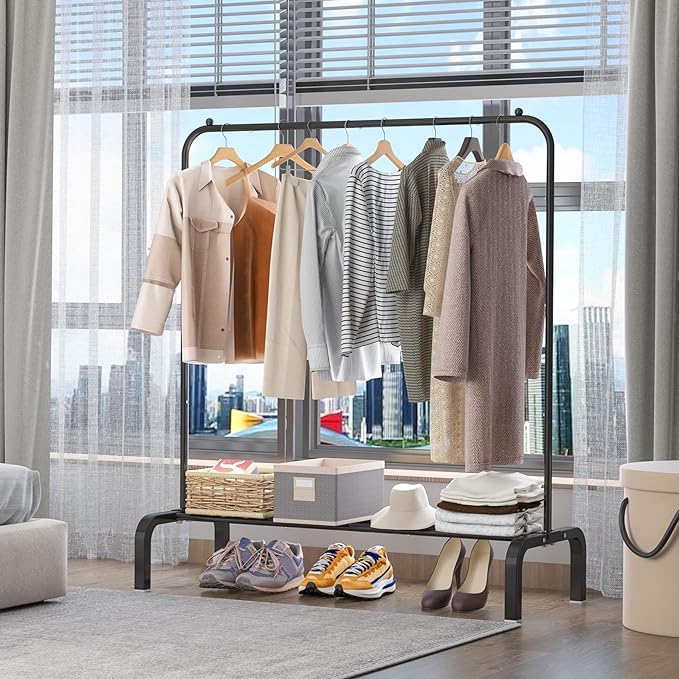 Clothes Rack Metal Clothing Rack with Bottom Shelf Garment Rack for Hanging Clothes Shirts Jeans and Coats Black