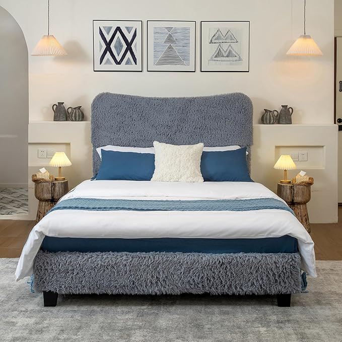 Brafab Queen Bed Frame with Headboard, Boho Fluffy Boucle Cloud Upholstered Platform Bed with Soft Rounded Corners and Wooden Slats, No Box Spring Needed, Noise Free, Easy Assembly, Gray