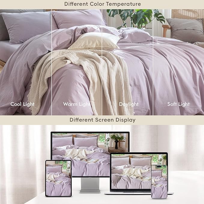 MooMee Bedding Duvet Cover Set 100% Washed Cotton Linen Like Textured Breathable Durable Soft Comfy (Heathered Light Purple, King 104"x90")