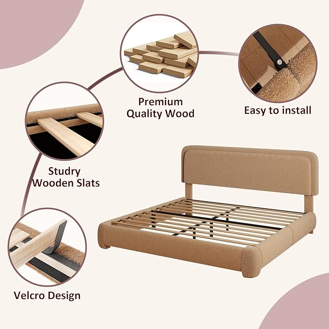 King Boucle Platform Bed Frame with Height Adjustable Headboard, Modern Upholstered Cloud Bed, Sleek Curved Design, No Box Spring Needed, Noise Free, Easy Assembly, Camel