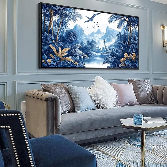 HKDGOKA Vintage Framed Wall Art - Large Landscape Wall Painting Jurassic era dinosaurs Black and White Canvas Print Artwork for Boy Bedroom Living Room Classroom Cool Modern Decor 29x58 IN