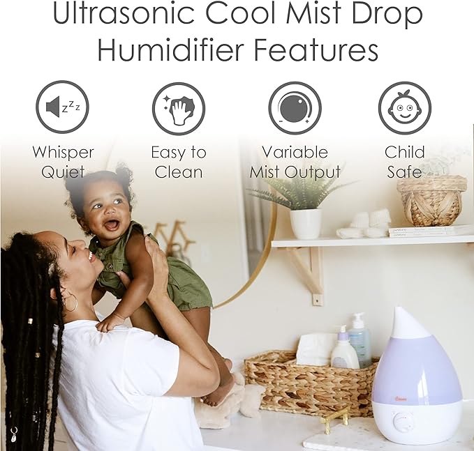 Crane White Drop Ultrasonic Cool Mist Teardrop Humidifier, 1 Gallon Tank, Baby Humidifier for Nursery, Bedroom, Plants, Office, Adjustable Mist Levels