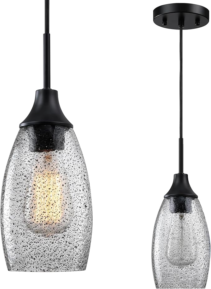 Mini Glass Pendant Light 1-Light 4.72" Handblown Black Seeded Clear Glass Shade,with Matte Black Metal Adjustable Cord Ceiling Light Fixture for Kitchen Island Sink