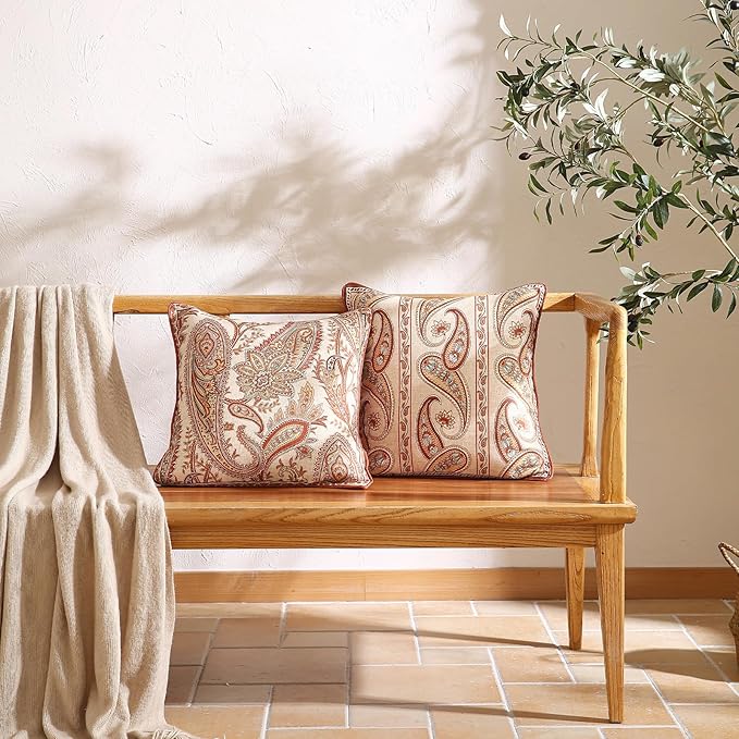 Design Linen Classic Vintage Throw Pillow Covers 18"x18" Pack of 2, Square Cushion Covers with Orange Yellow Paisley Style Pattern Decoration Pillowcases for Bed,Living Room,Outdoor,Car