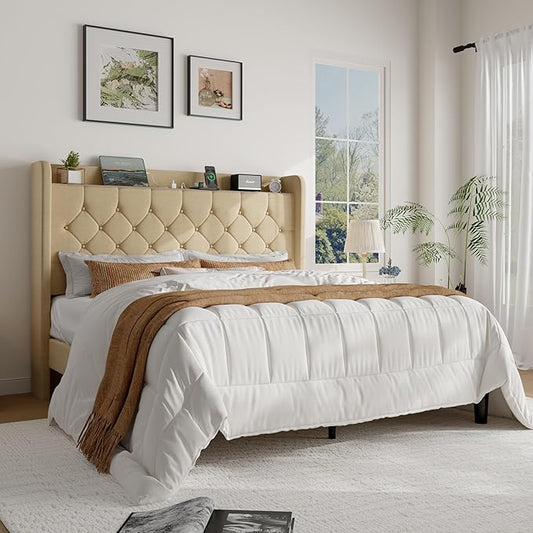 SHA CERLIN Queen Size Platform Bed Frame with Charging Station, Velvet Wingback Headboard with Storage Shelf, Wooden Slats Support, Ample Under-Bed Space, No Box Spring Needed, Easy Assembly, Beige