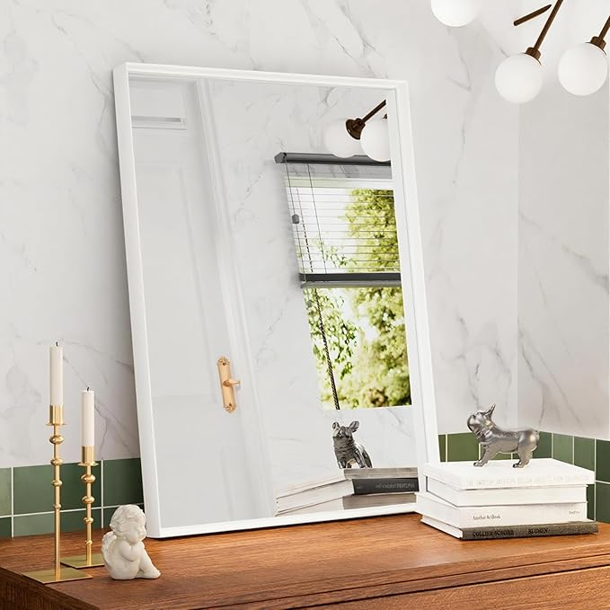 24x36 Inch White Bathroom Mirrors for Over Sink, Rectangle Wall Vanity Mirror, Aluminum Framed Bathroom Mirror, Anti-Rust, Tempered Glass (Horizontal/Vertical)