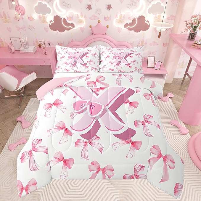 jejeloiu Kids Girls Cute Pink Bow Comforter Set Queen Size Monogrammed Bedding Set Ultra Soft Personalized Initial X Duvet Quilt Coquette Bow Knot Quilt Set Room Decor Modern Fashion Comforter