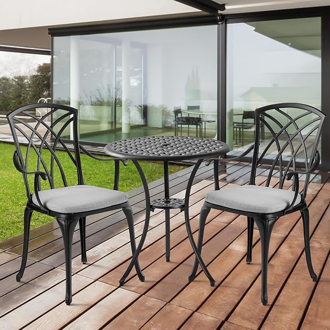 Patio Bistro Sets Cast Aluminum Bistro Table and Chairs Set of 2 with Umbrella Hole,Outdoor Bistro Set with Cushion for Yard (BLACK1)