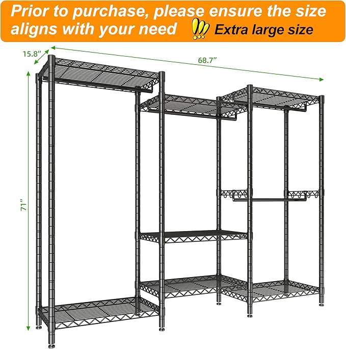 PUNION GR7 Portable Closet Wardrobe Heavy Duty Clothes Rack, Freestanding Clothing Rack with 4 Hang Rods & 7 Shelves, 2 Hooks, Adjustable Closet Rack, 69" L x 16" W x 77" H, Max Load 1200LBS, Black