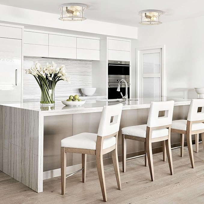 LamQee Flush Mount Ceiling Light with Clear Hammered Glass, Industrial 2-Lights Farmhouse Close to Ceiling Light Fixtures Round Low Profile for Kitchen Hallway Foyer Entrance Bedroom Rustic White