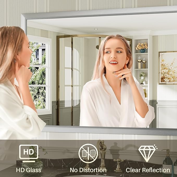55x36 Inch Silver Bathroom Mirror for Wall, Thick Metal Framed Rectangle Mirrors for Over Sink, Bedroom, Living Room, Entryway, Anti-Rust, HD Tempered Glass