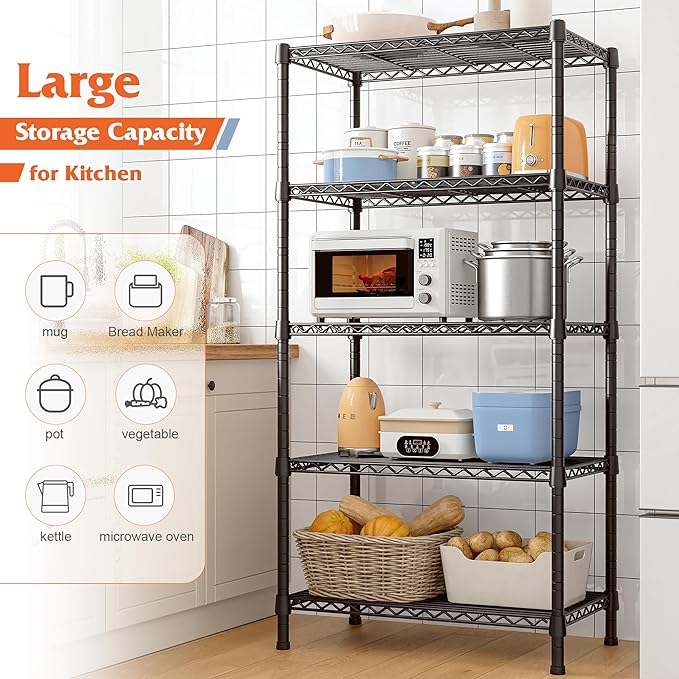 REIBII Wire Shelving Rack 5-Tier Metal Shelves for Storage Adjustable Garage Shelving Heavy Duty Storage Shelves for Storage Rack, 24" W X 14" D X 59" H