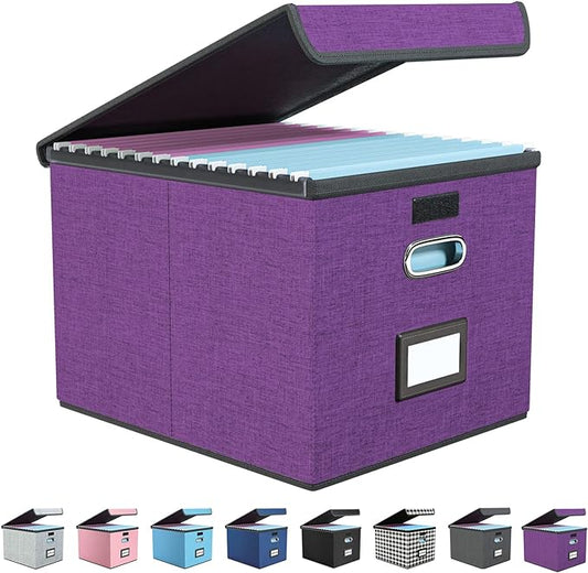 Huolewa File Organizer Box with Lid, Collapsible File Folder Organizer for Office Document Storage, Filing Box with Plastic Slide for Letter/Legal Size Hanging Files, Purple