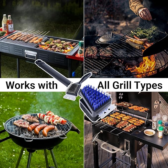 Nylon Bristle Grill Brush for BBQ - Heavy Duty Grill Cleaning Kit with Scraper, Safe for All Grill Types - Non-Scratch Bristles & Long Plastic Handle - Outdoor Barbecue Brush and Accessories