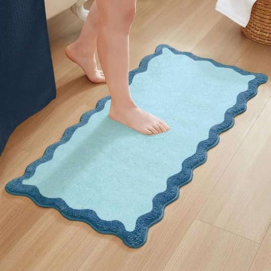 MONDAY MOOSE Bath Mat with Scalloped Wavy Ripple Design, Microfiber Absorbent Non Slip Tufted Rug for Floor, Shower or Kitchen (24x47 inch, Blue)