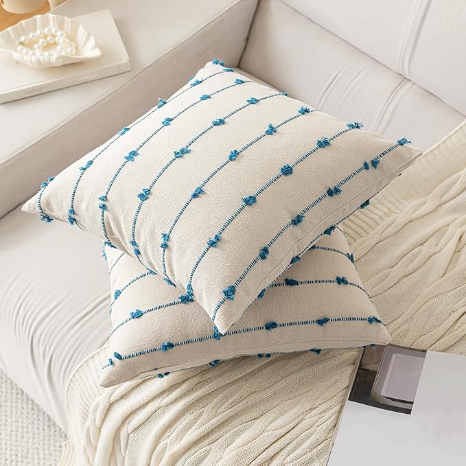 Boho Throw Pillow Covers 24x24 Set of 2 Modern Farmhouse Decorative Cushion Case Tufted Square Pillows Cover Neutral Pillow Cases Accent Pillowcase for Sofa,Couch,Bed,Beige and Blue