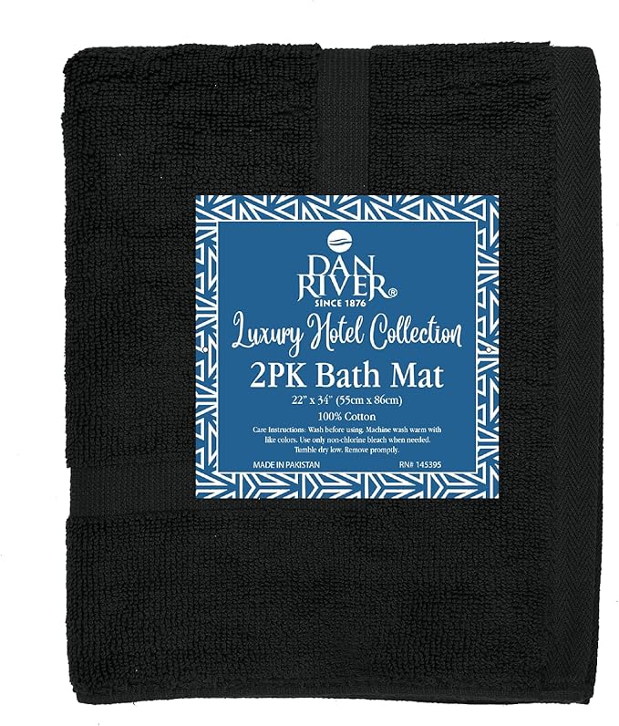 DAN RIVER Classic Bath Mat - Black, 100% Ring Spun Cotton, Pack of 2, 21x34 inches, 800 GSM, Non-Slip, Absorbent, Quick Drying, Machine Washable Bathroom Floor Mats for Shower, Kitchen & Bath