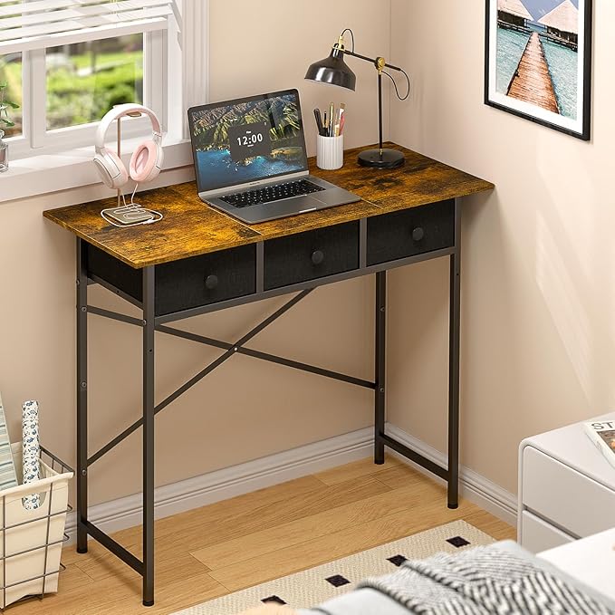Small Writing Desk with 3 Drawers for Bedroom, 37.2 Inch Computer Desk for Small Spaces, Simple Desk with Drawers for Kids Bedroom, Home Office, Dorm, Living Room, Home Study Table, Rustic Brown