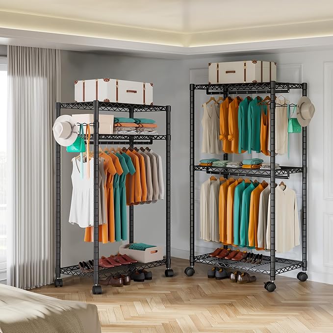 PUNION Rolling Clothes Rack Portable Closet Wardrobe with Wheels and Side Hooks, 2 Hanging Rod, Adjustable Freestanding Heavy Duty Clothing Racks Storage Drying Rack, Black, GR1Plus