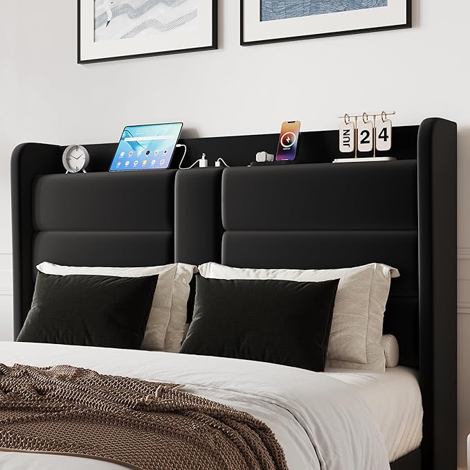 SHA CERLIN Full Size Bed Frame with Charging Station & Storage Headboard, Velvet Platform Bed with Upholstered Modern Wingback Design, Wooden Slats Support, No Box Spring Needed, Easy Assembly, Black