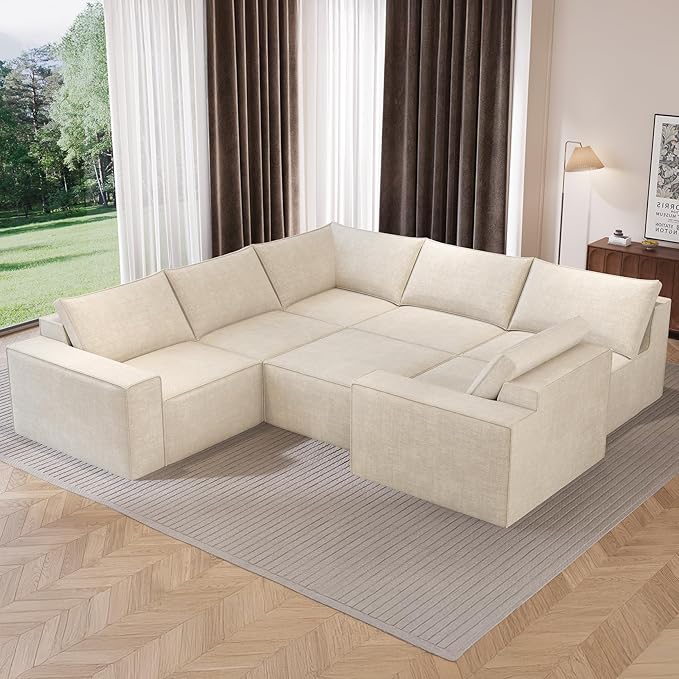 Vesgantti 143.7" Oversized Boneless Modular Couch, Modern 6 Seater Sectional Sofa with Ottoman & Deep Seat, Convertible Chenille Cloud Couches for Living Room, No Assembly Required, Beige