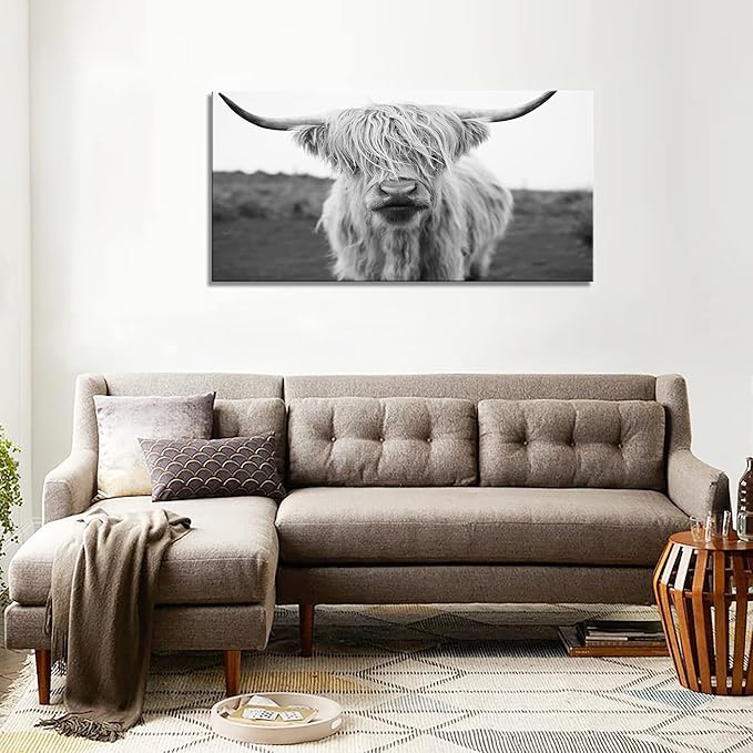XXMWallArt FC3675 Highland Cow Canvas Art - Black and White Animal Wall Art for Living Room, Bedroom, Office Wall Decor