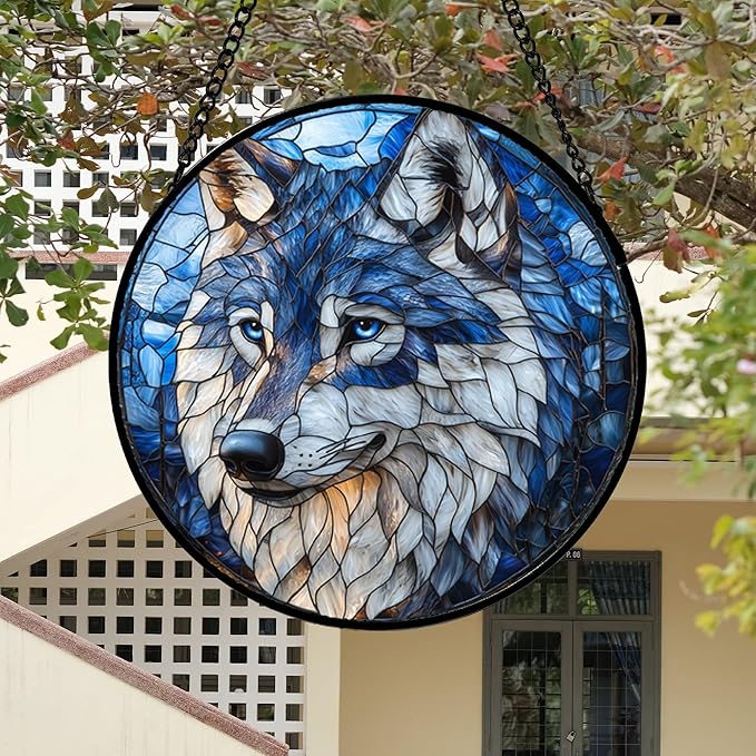Stained Glass Window Hanging - Funny Wolf Suncatcher Ready to Hang Window Doors Home Decoration and Christmas, Mother's Day Birthday Gifts for Women, Men, and Mom 14.9x14.9 in