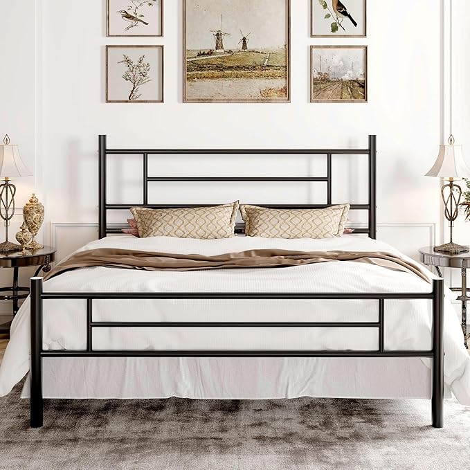 SHA CERLIN 14 Inch Full Size Metal Bed Frame with Iron-Art Headboard and Footboard,Under Bed Storage Space,Platform Bed with Metal Slats Support,Easy Assembly,Noise Free,No Box Spring Needed,Black