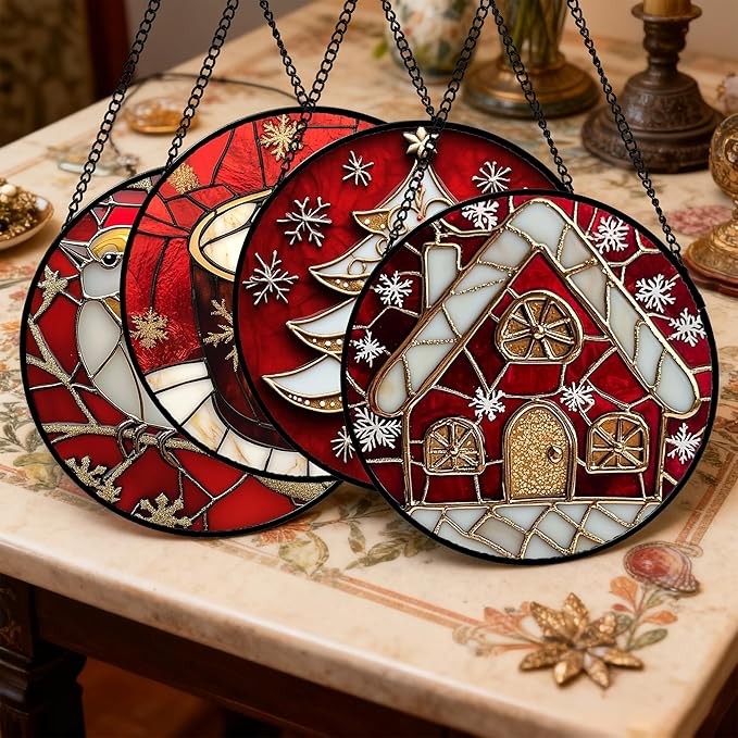 Stained Glass Window Hanging 4 Pcs Set Red Christmas Themed Decorations 7.8" - Suncatcher Door Garden Sun Catcher Decor Birthday New Year for Mom Woman Nana Men