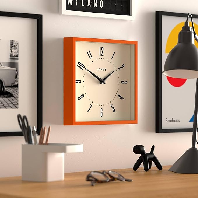 JONES CLOCKS® Box Wall Clock | Retro Square | 10 inch | Orange | Easy to Read Numbers | Perfect Kitchen or Office Clock