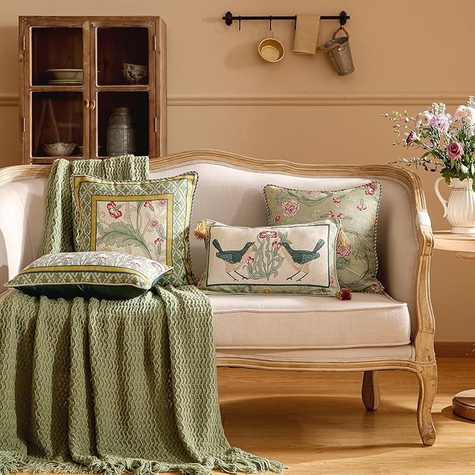 patdrea Designer Pack of 2 Rectangle Throw Pillow Covers,French Vintage Rustic Linen with Green Floral Pattern Pillows Cover,Decorative Lumbar Pillowcases Cushion for Bed Living Room,12"x20"