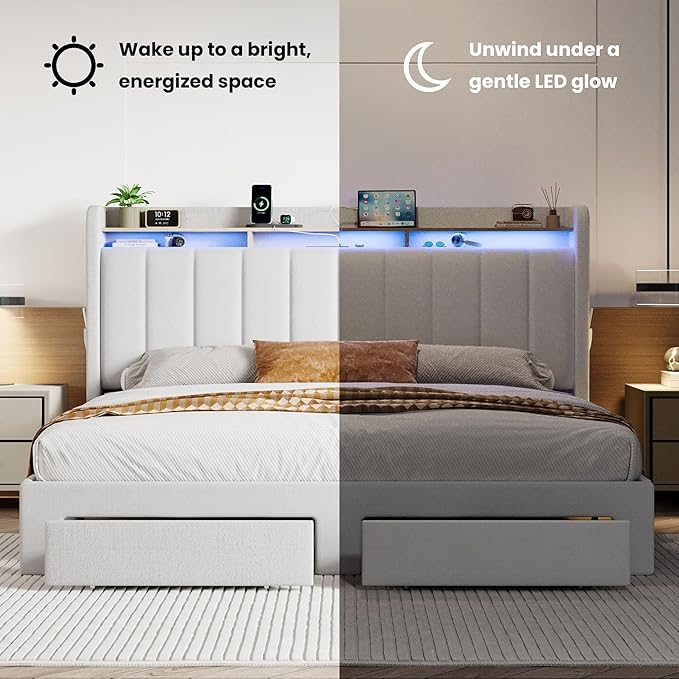 SHA CERLIN Velvet King Size Bed Frame with Vertical Channel Tufted Wingback Headboard & 2 Storage Drawers/2-Tier Shelves with LED Lights & Charging Station/Noise-Free/No Box Spring Needed/White