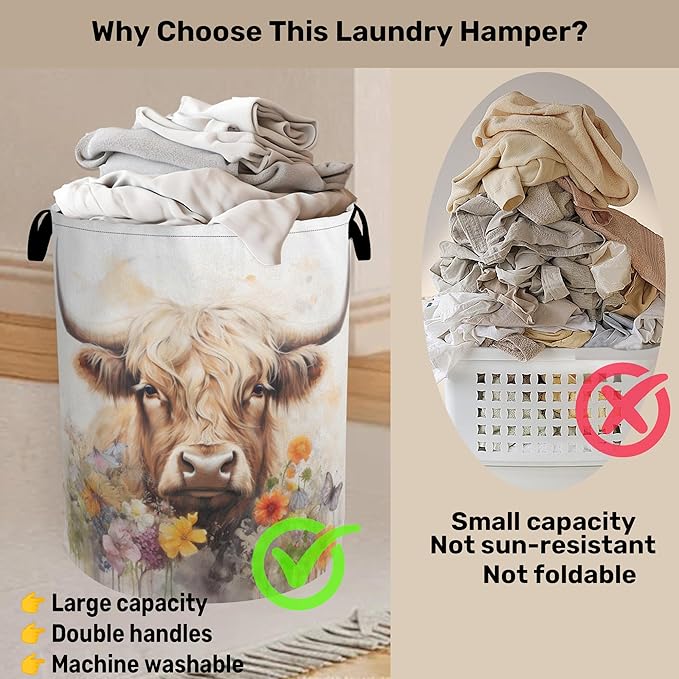 Highland Cow Summer Flowers Large Clothes Hamper Bag - Laundry Basket with Handles, Space Saving Foldable Design for Nursery