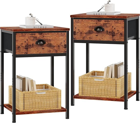 Furologee Nightstands Set of 2, Industrial End Table with Fabric Drawer and Storage Shelf, Retro Bedside Tables Organizer, Side Table for Living Room Bedroom, Rustic Brown