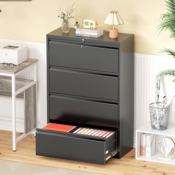 Greenvelly Lateral File Cabinet 4 Drawer, Lockable Metal Filing Cabinet for Home Office, Black Metal File Cabinet with Lock for Legal/Letter/A4/F4 Size with Hanging Bars&Key