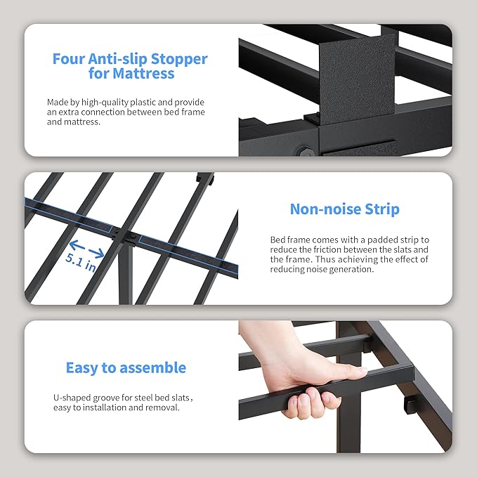 ROIL 16 Inch Twin XL Bed Frame with Rounded Corner and Headboard Hole Mattress Retainers 3500LBS Metal Heavy Duty Steel Slats No Box Spring Needed Platform Noise-Free Easy Assembly