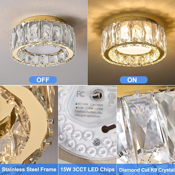 Modern Dimmable LED Luxury Crystal Gold Flush Mount Ceiling Light Fixture,7.87 Inch 15W,3CCT,Mini Round Close to Ceiling Chandelier for Hallway,Kitchen,Laundry Room,Entryway