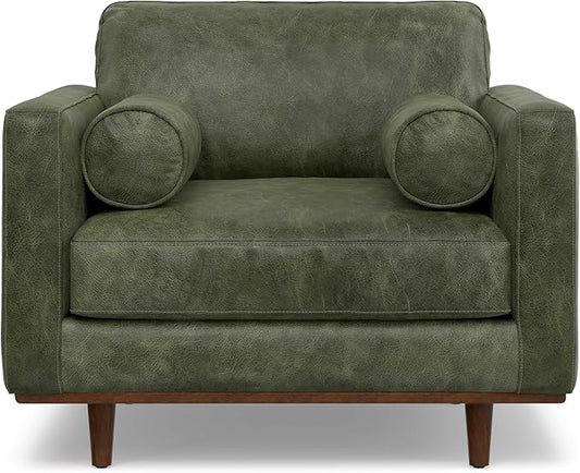 SIMPLIHOME Morrison Accent Chair - 43 inch Wide Upholstered Top Grain Genuine Leather Mid-Century Modern Arm Chair with Solid Wood Frame in Moss Green, for Living Room with 2 Bolster Pillows